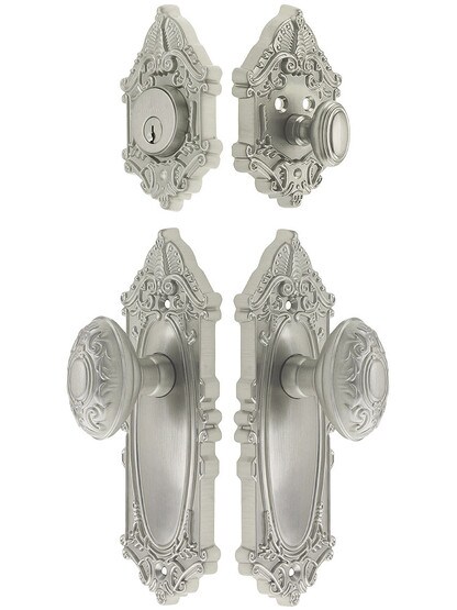 Grandeur Grande Victorian Entrance Door Set, Keyed Alike with Decorative Oval Knobs in Satin Nickel.